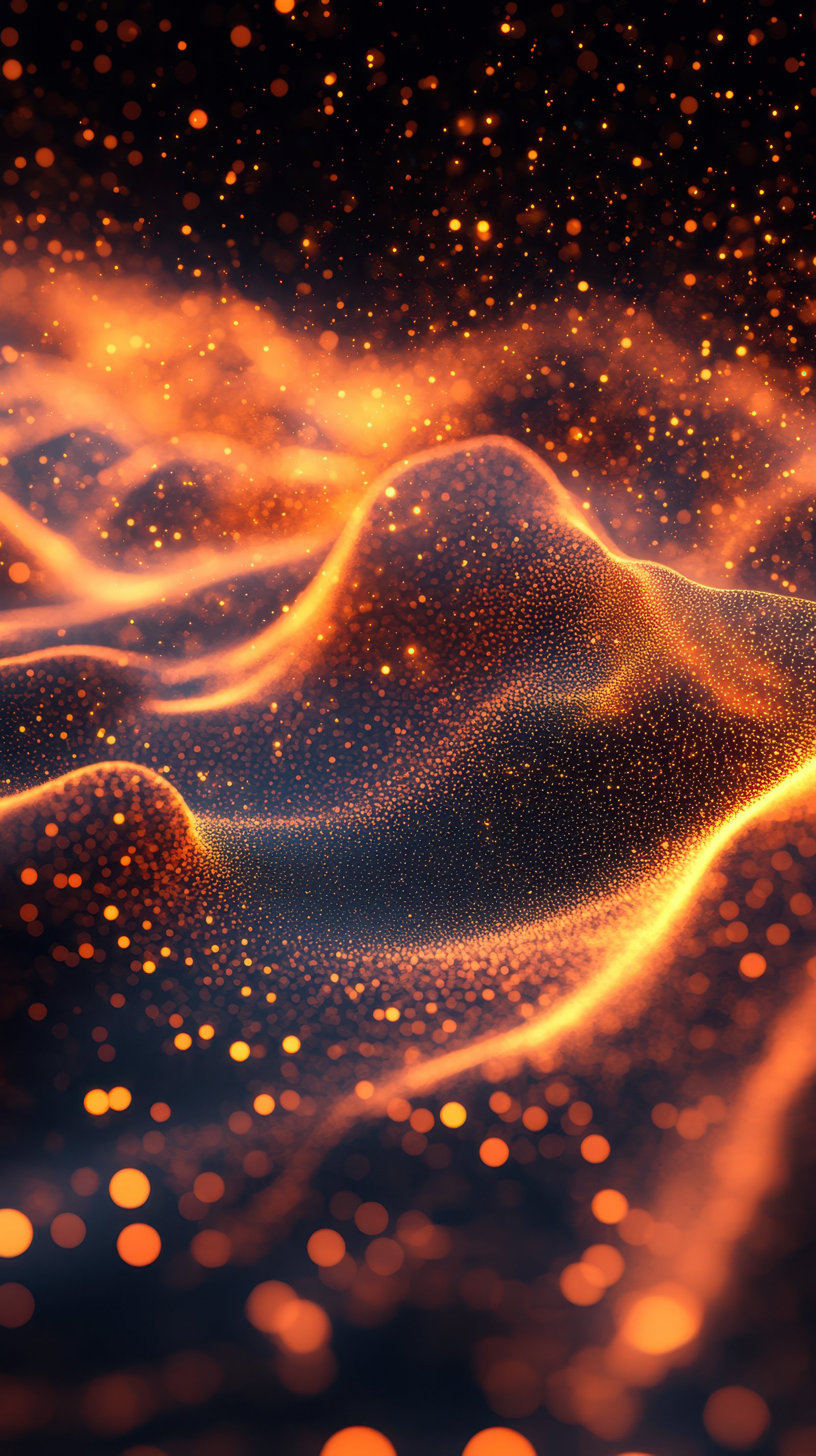 Vibrant abstract landscape with glowing particles and waves in warm orange tones